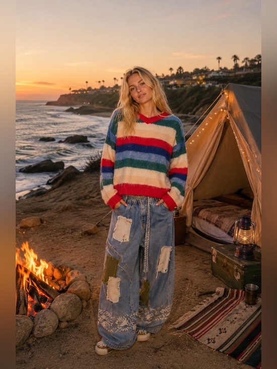 POL Sweaters - POL “ Malibu Stripes “ V Neck Sweater | Festive Stripes